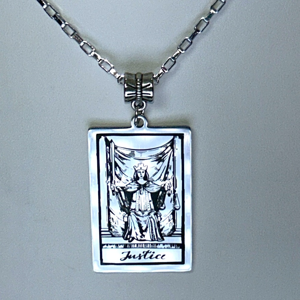 Handmade “Justice” Tarot Card Necklace Hypoallergenic Stainless Steel Grunge